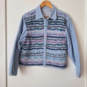 VTG 90s Patchwork Denim Jacket Womens Sz L Braided Cottagecore Granny Colorful‎